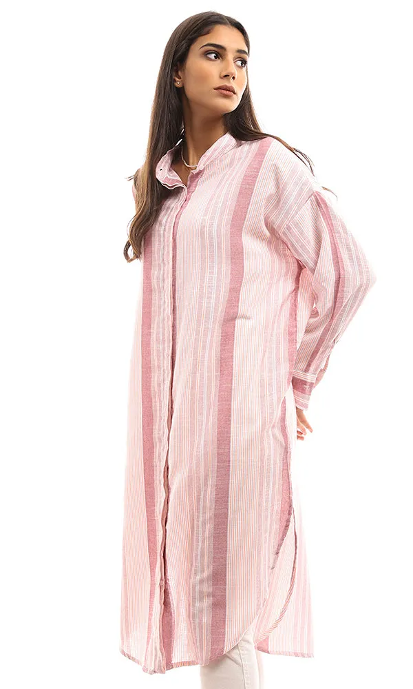 97008 Front Hidden Buttons Striped Long Shirt - Pink