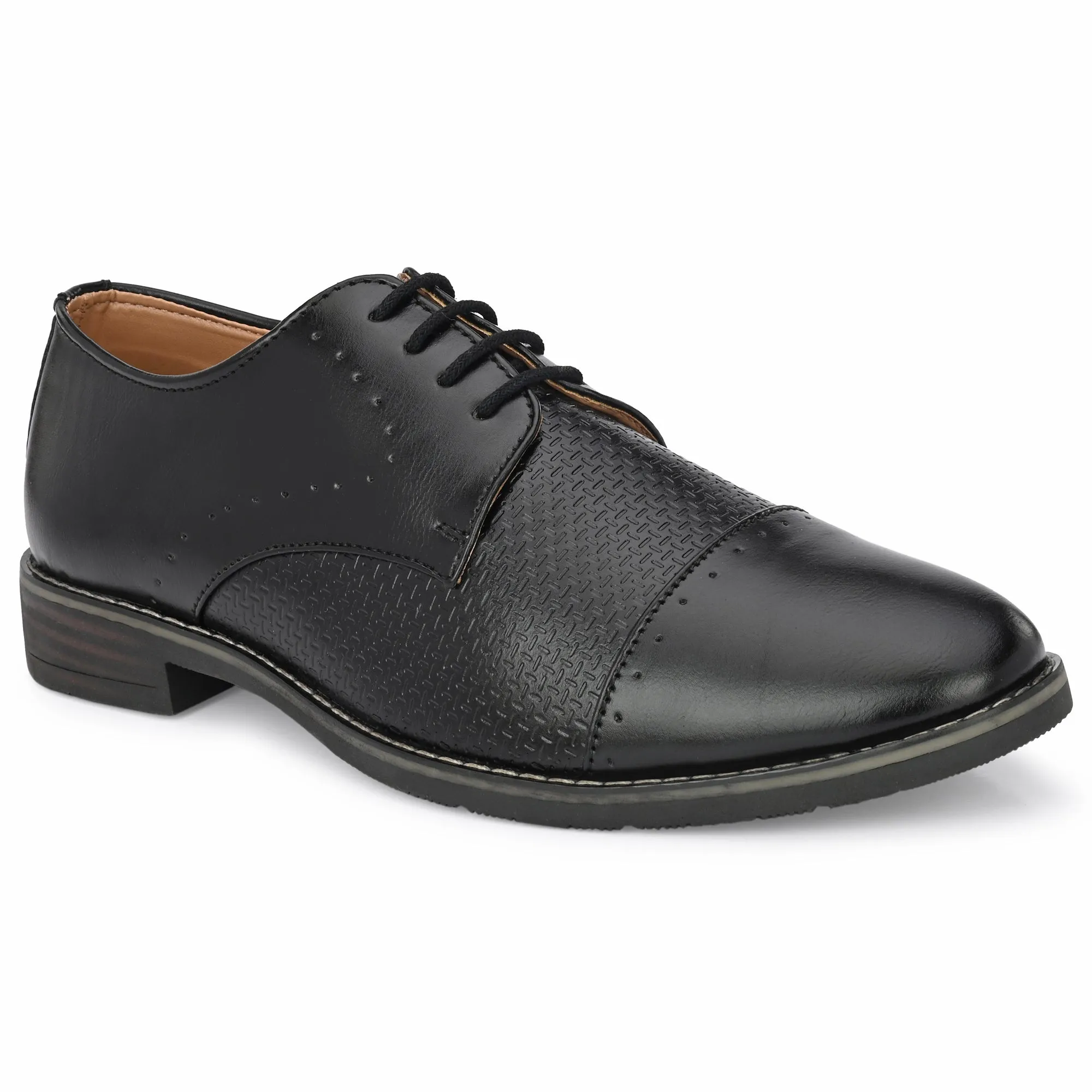 Attitudist Unisex Handcrafted Derby Matte Black Formal Lace-up Shoes With Cap Toe And Textured Design