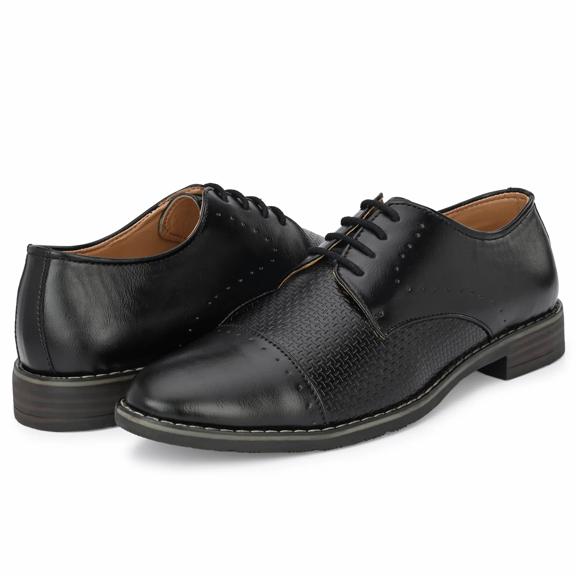 Attitudist Unisex Handcrafted Derby Matte Black Formal Lace-up Shoes With Cap Toe And Textured Design