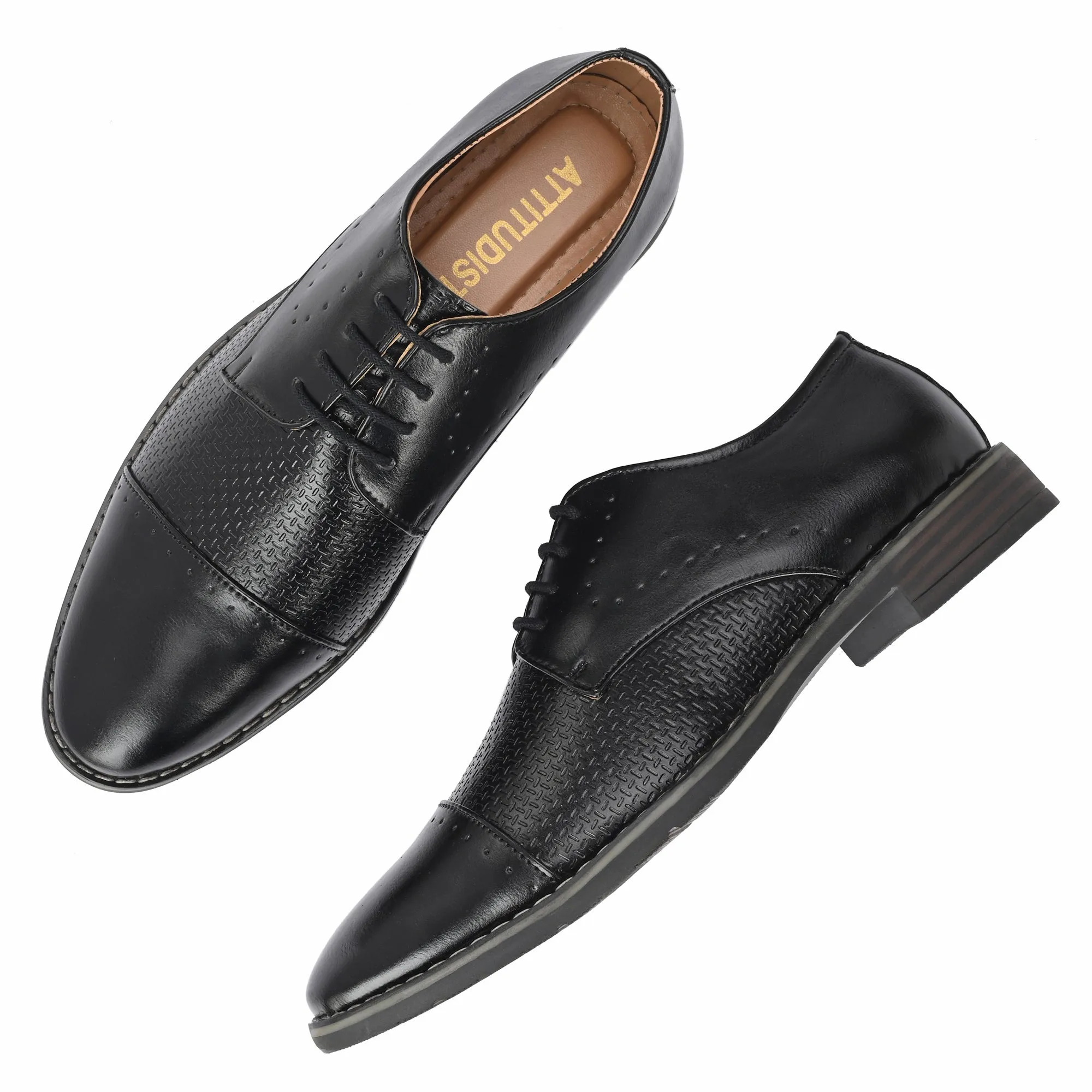 Attitudist Unisex Handcrafted Derby Matte Black Formal Lace-up Shoes With Cap Toe And Textured Design