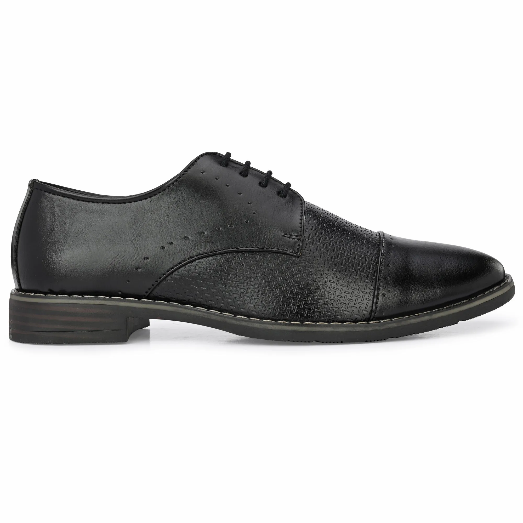 Attitudist Unisex Handcrafted Derby Matte Black Formal Lace-up Shoes With Cap Toe And Textured Design