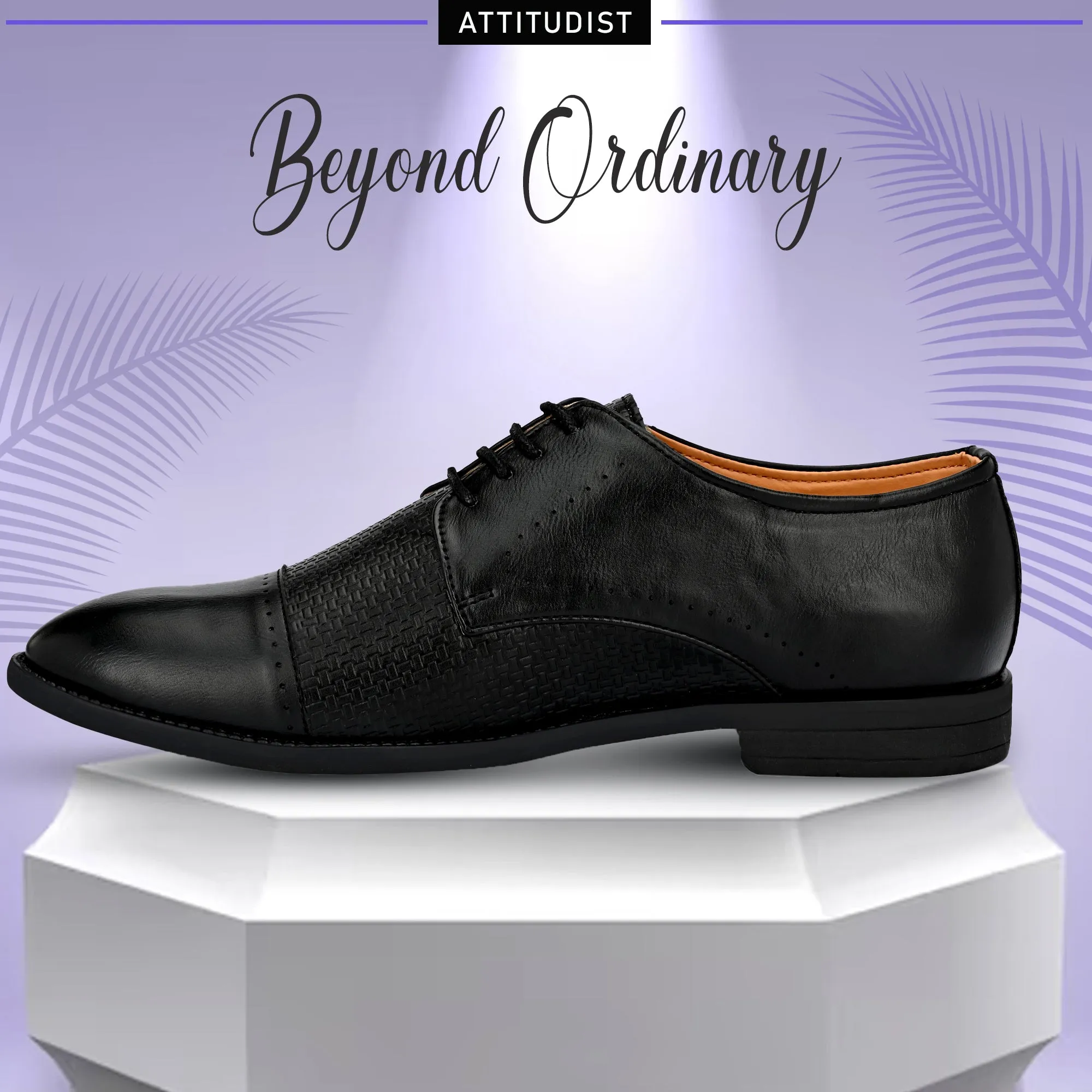 Attitudist Unisex Handcrafted Derby Matte Black Formal Lace-up Shoes With Cap Toe And Textured Design