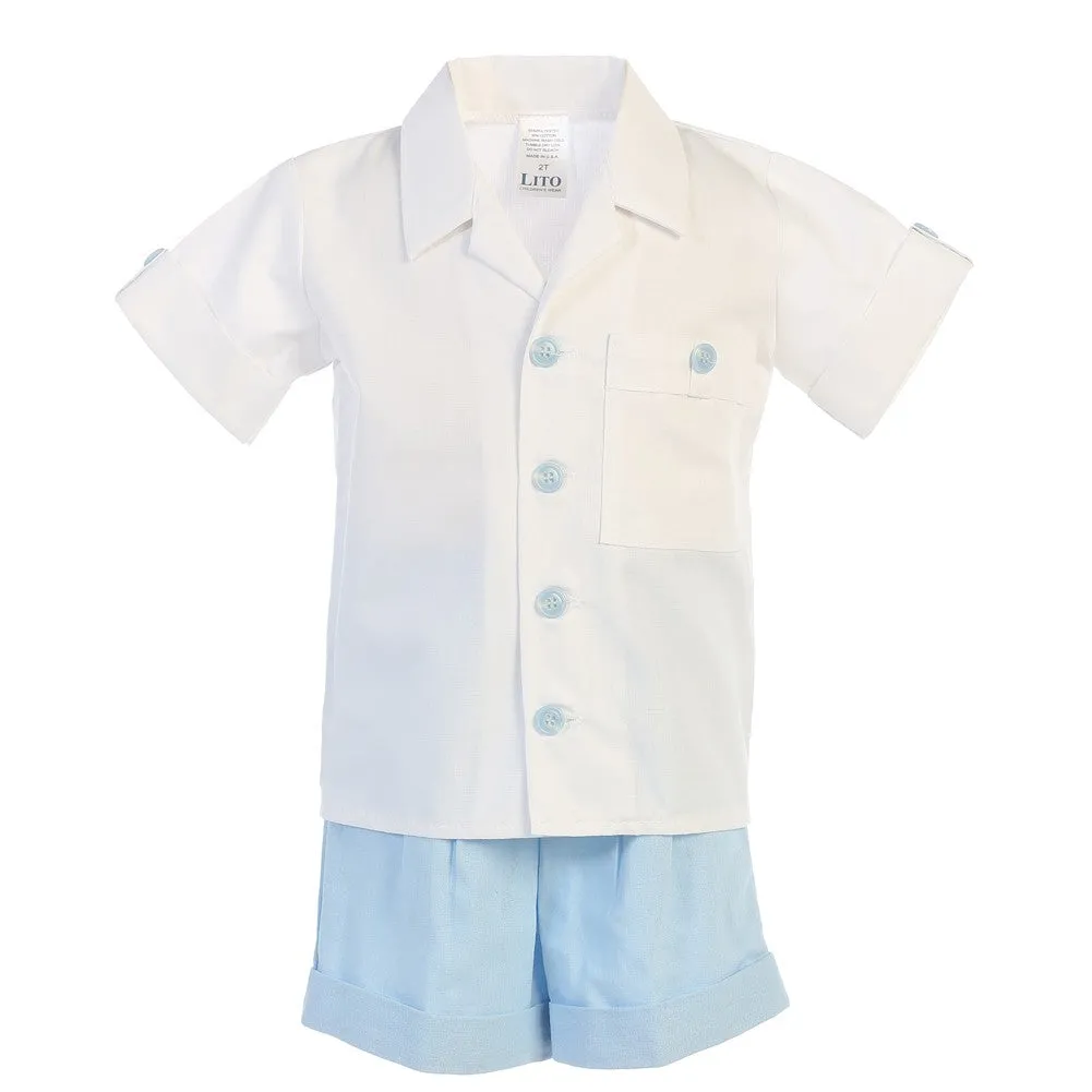 Baby Boys Light Blue Poly Cotton Shirt Rayon Linen Shorts Set 3-24M