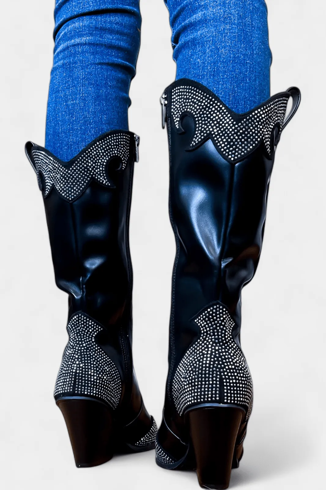 Black Rhinestone Pointed Toe Boots