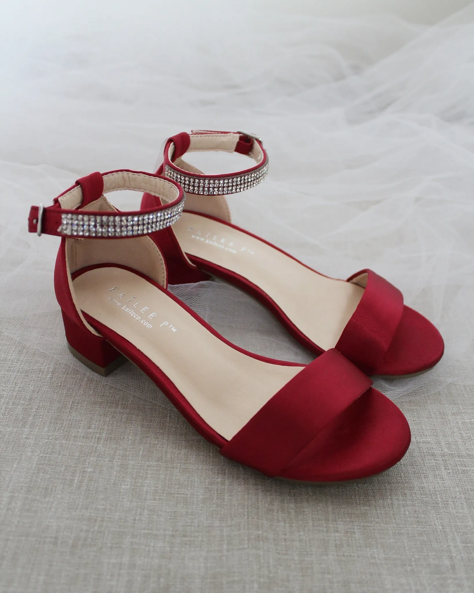 Burgundy Girls Satin Block Heel Sandals with Embellished Ankle Strap