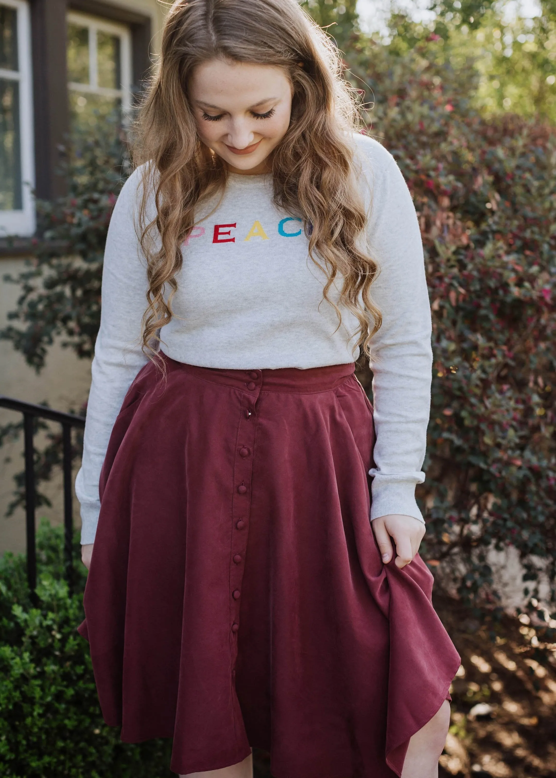 button-down skirt in burgundy