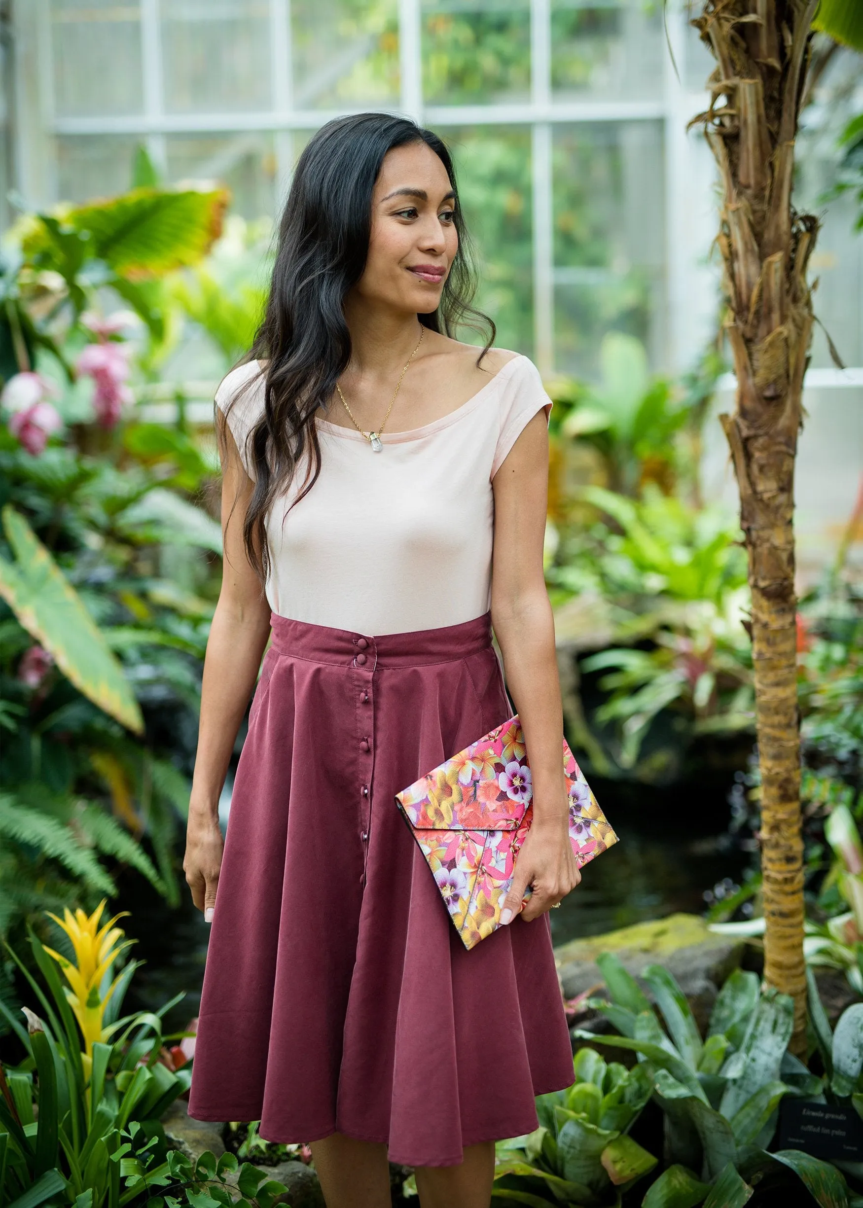 button-down skirt in burgundy