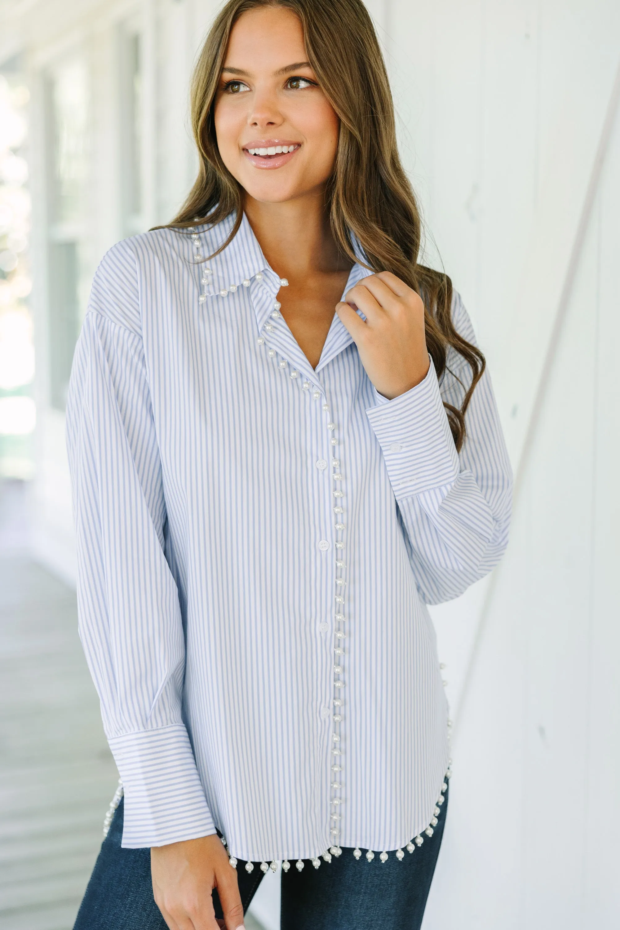 Care To Be Classic Light Blue Striped Button Down Blouse