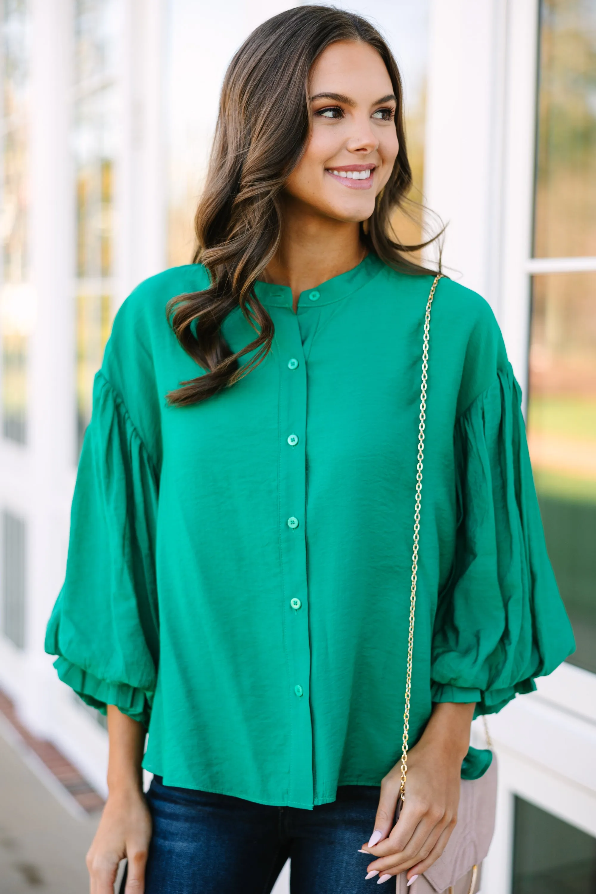 Fate: Far From Over Kelly Green Puff Sleeve Blouse