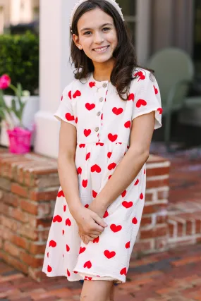 Girls: So Much Love Cream White Heart Print Dress