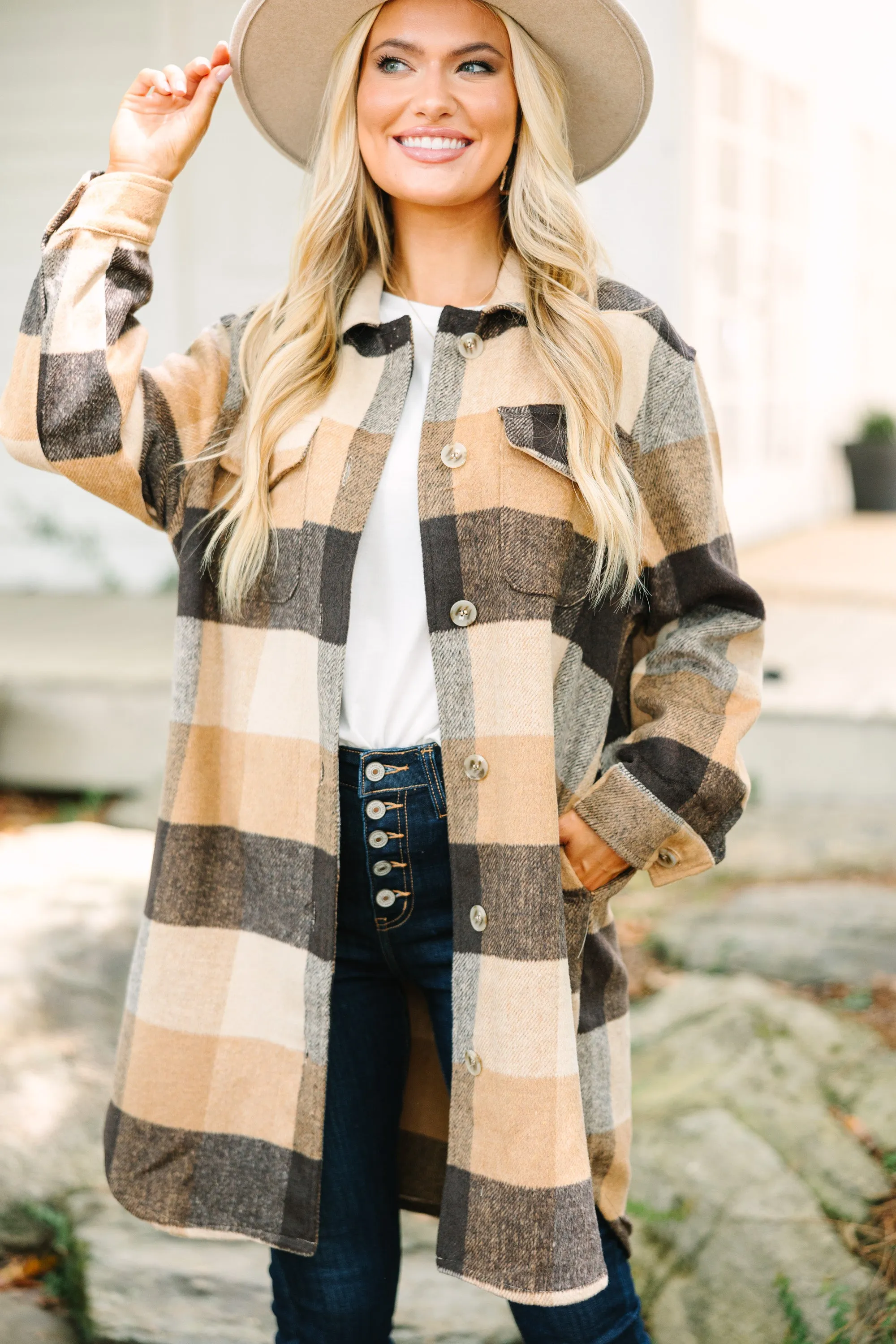 Good With It Camel Brown Plaid Shacket