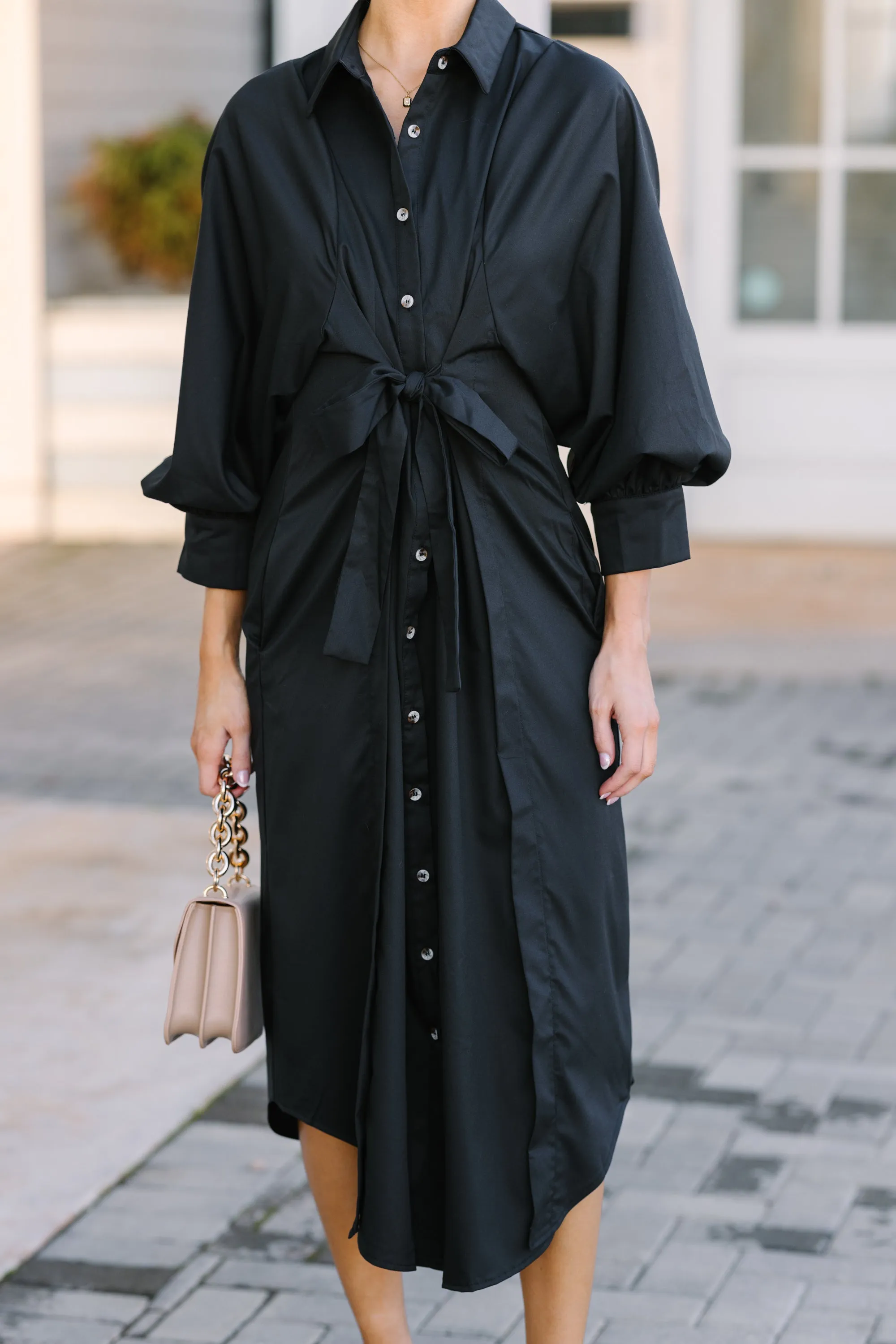 In Your League Black Button Down Midi Dress