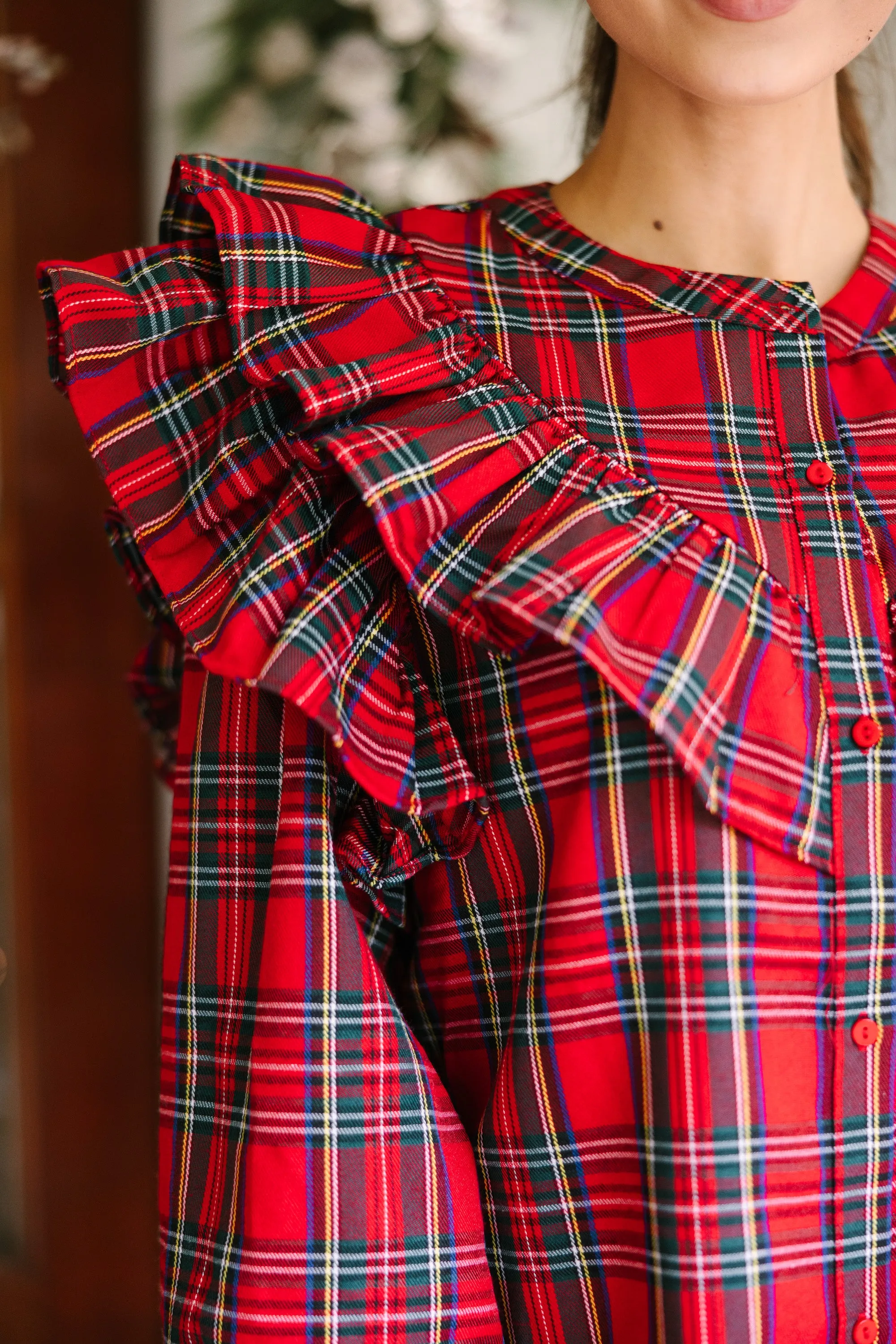 It's All Possible Red Tartan Plaid Button Down Blouse