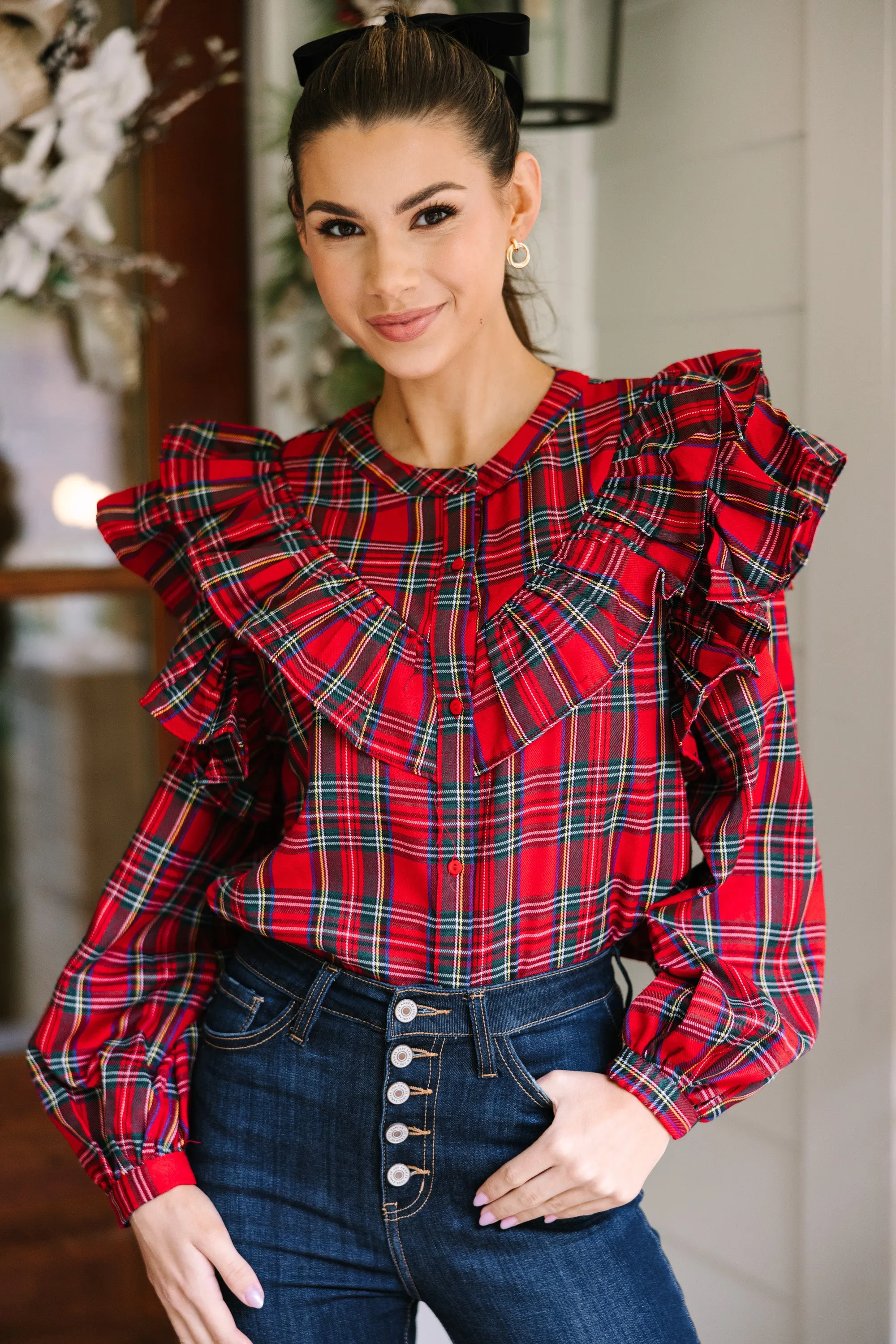 It's All Possible Red Tartan Plaid Button Down Blouse