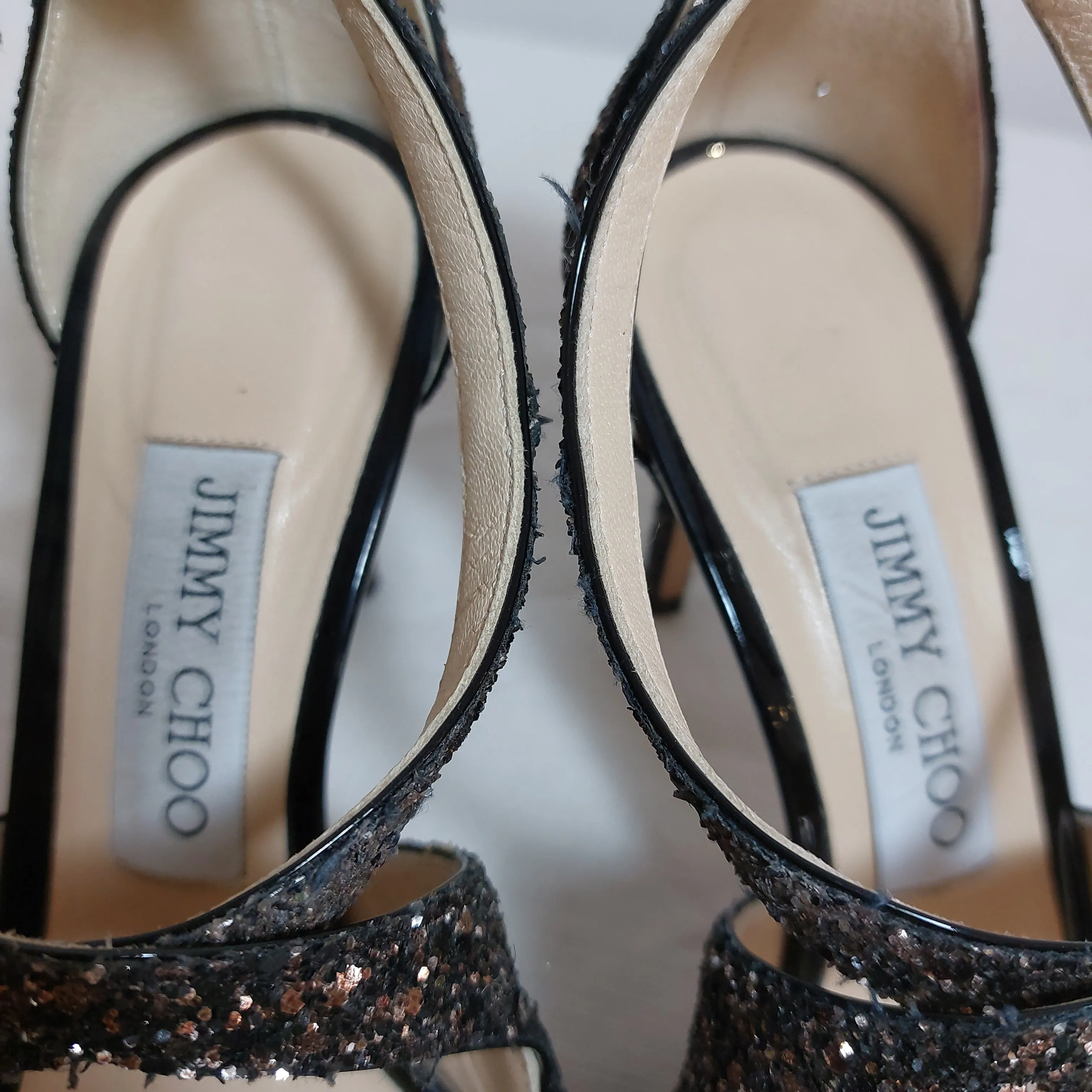 Jimmy Choo Black Glitter Strappy Heels | Pre Loved |