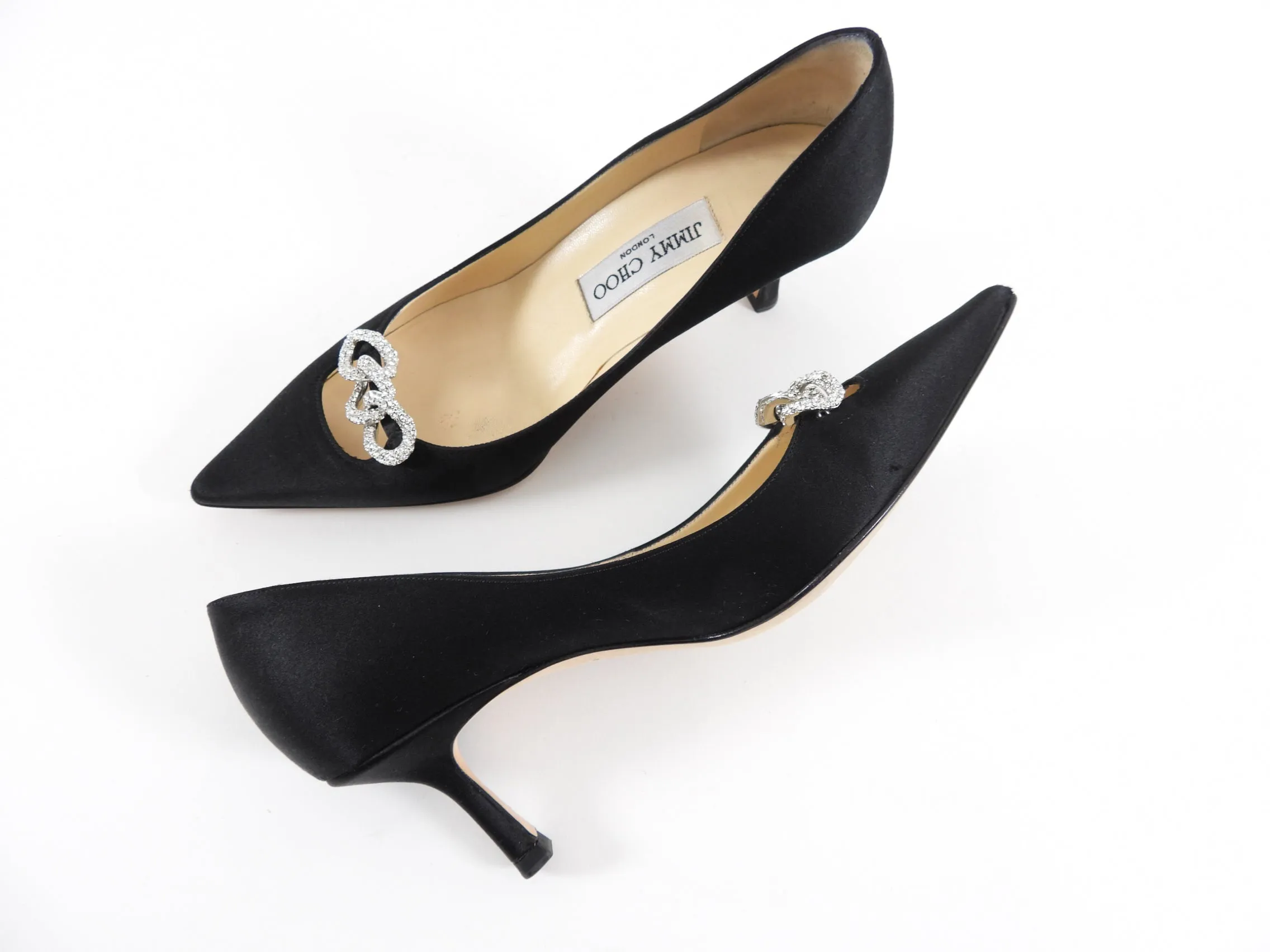 Jimmy Choo Black Satin Crystal Embellished Pumps - 35.5