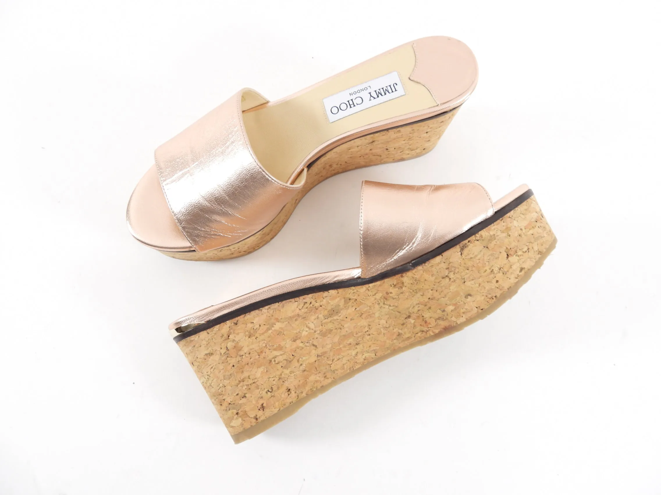 Jimmy Choo Rosegold Metallic Leather Cork Flatforms - 39