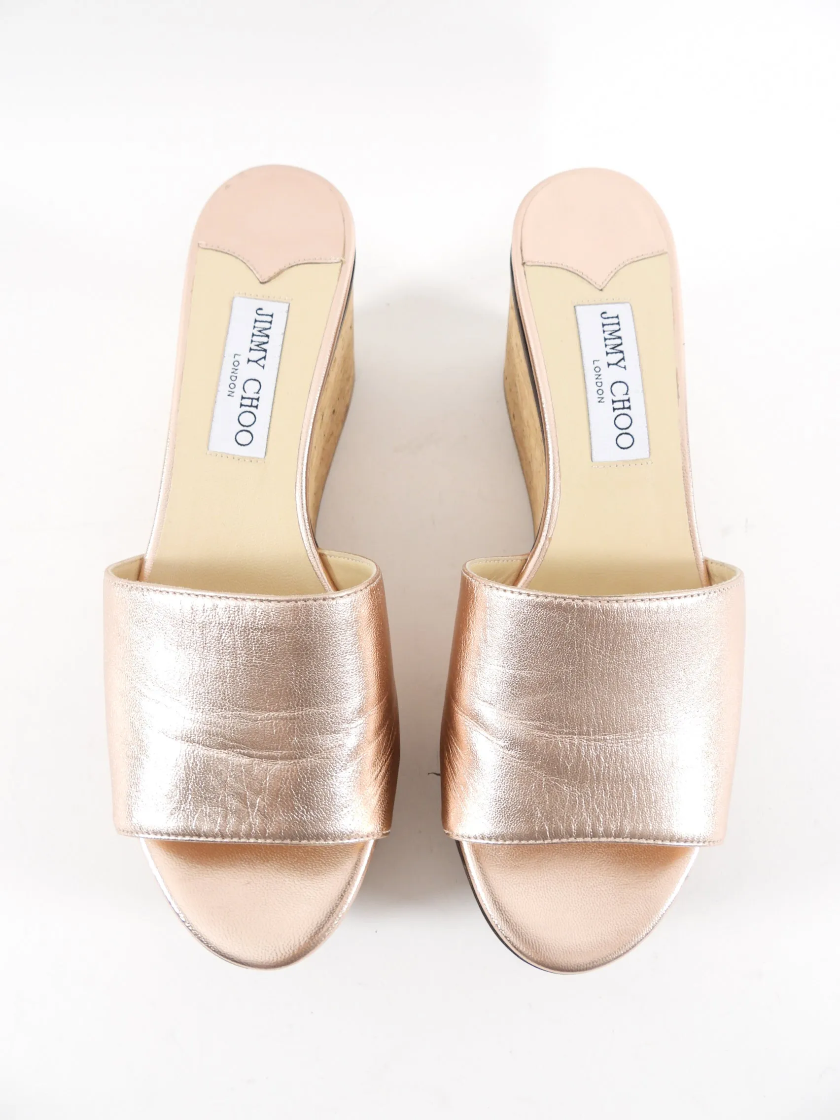 Jimmy Choo Rosegold Metallic Leather Cork Flatforms - 39