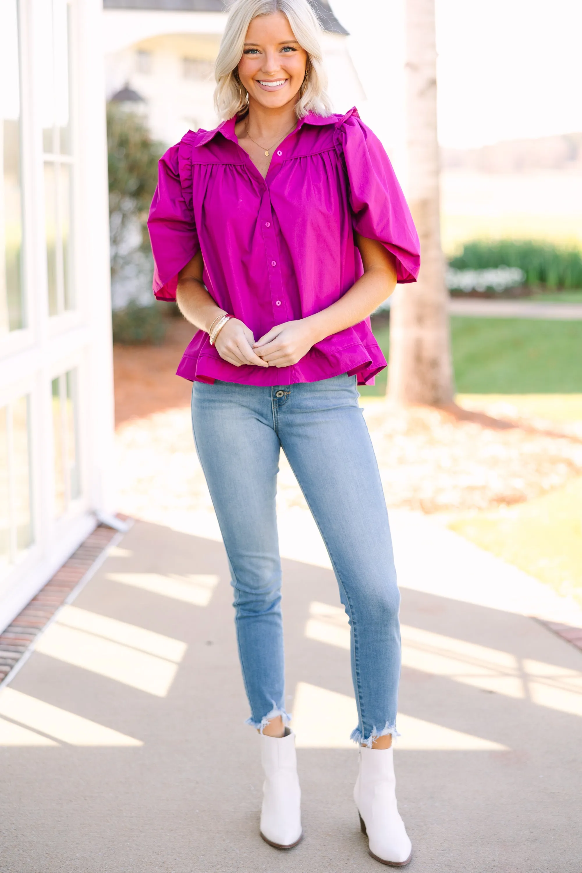 Know You Better Magenta Pink Puff Sleeve Blouse