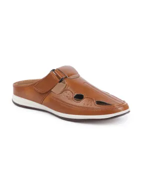 Men Tan Casual Back Open Perforated Day Long Comfort Slip On Sandals