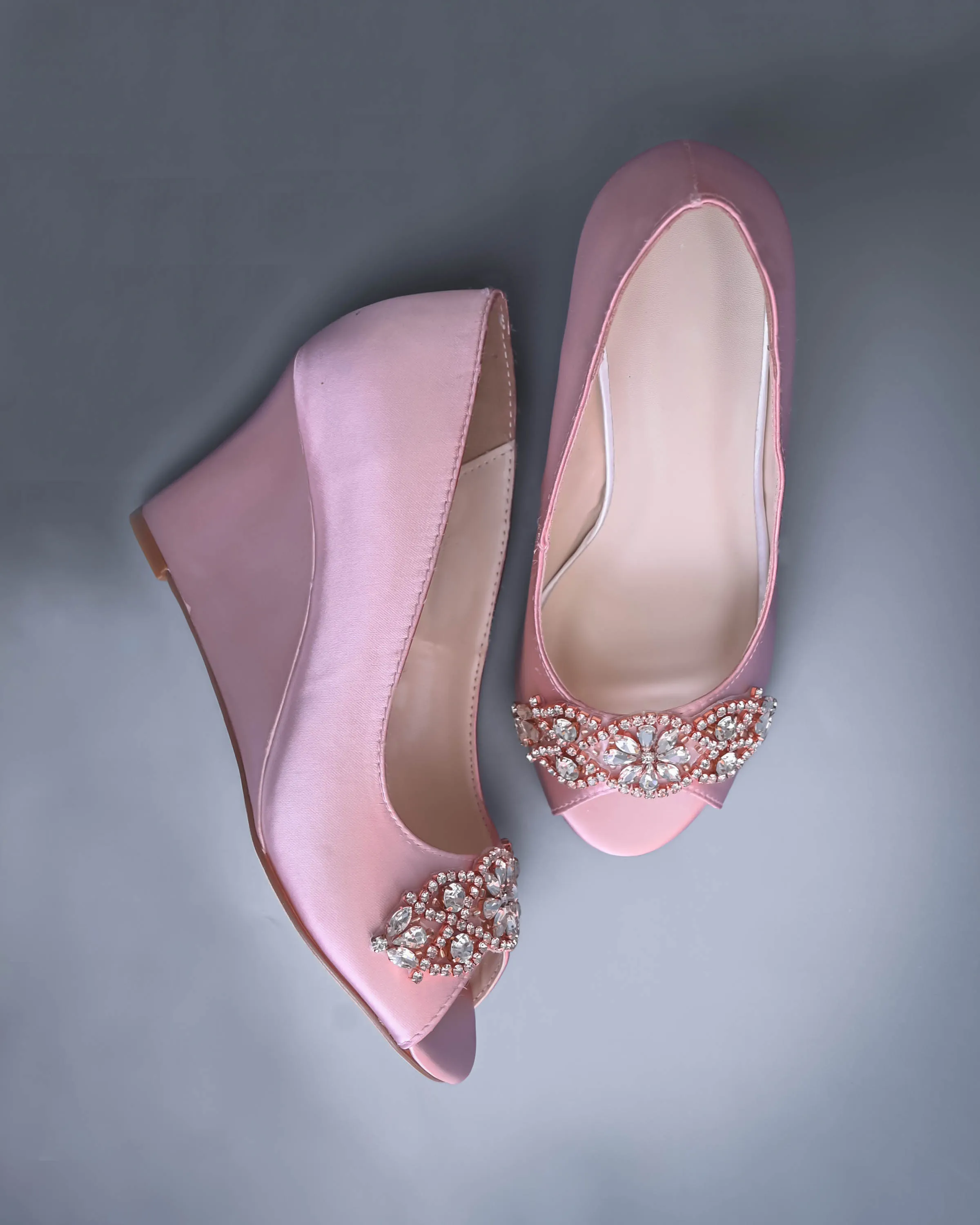 Nicole Blush Bridal Wedges with Rose Gold & Silver Crystal Applique