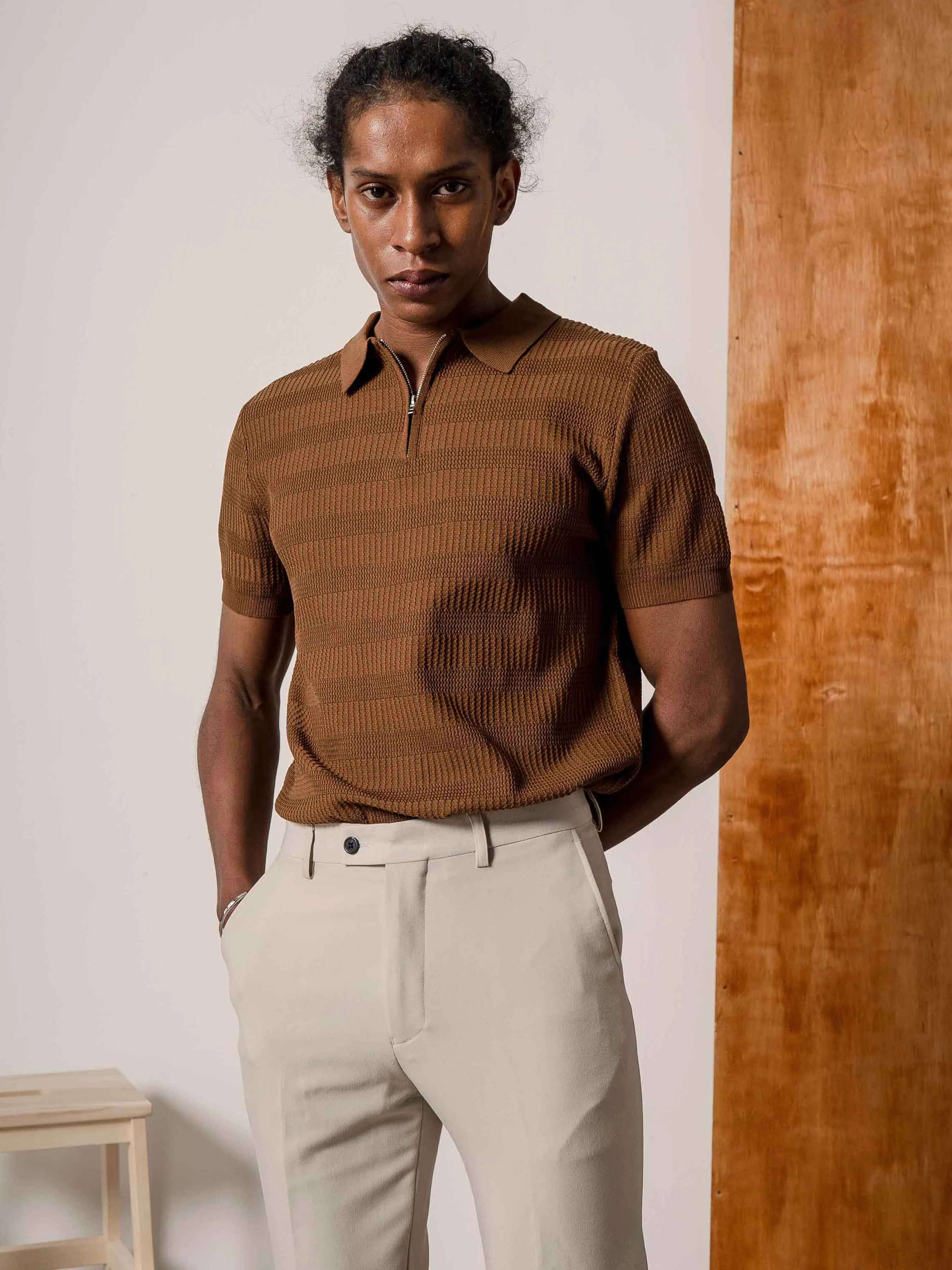 Riccardo Knit Polo Tee - Coffee Quarter-Zip