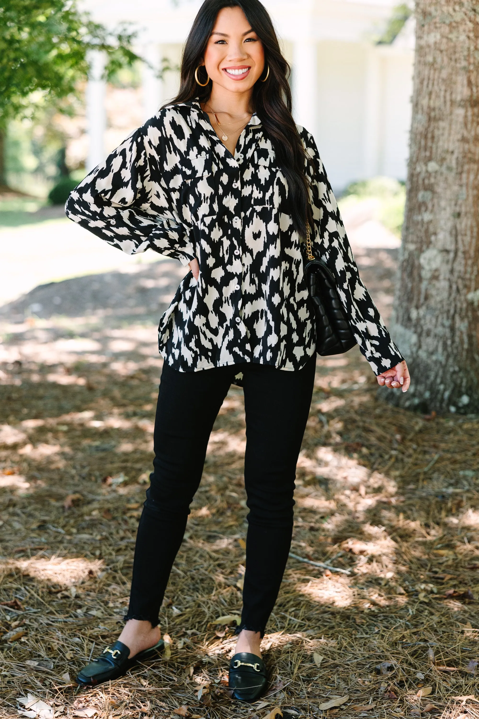 See The Light Black Animal Print Blouse