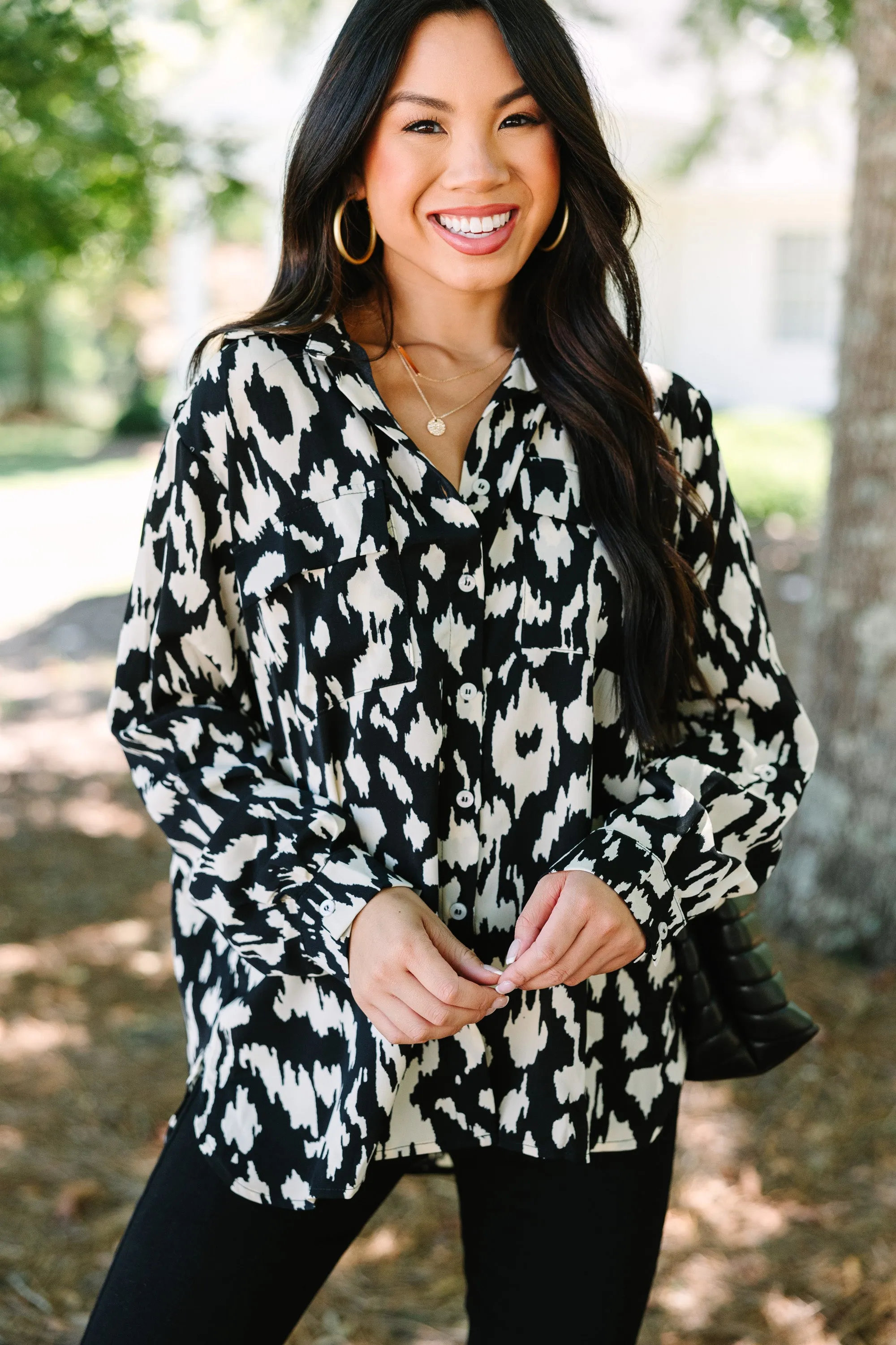 See The Light Black Animal Print Blouse