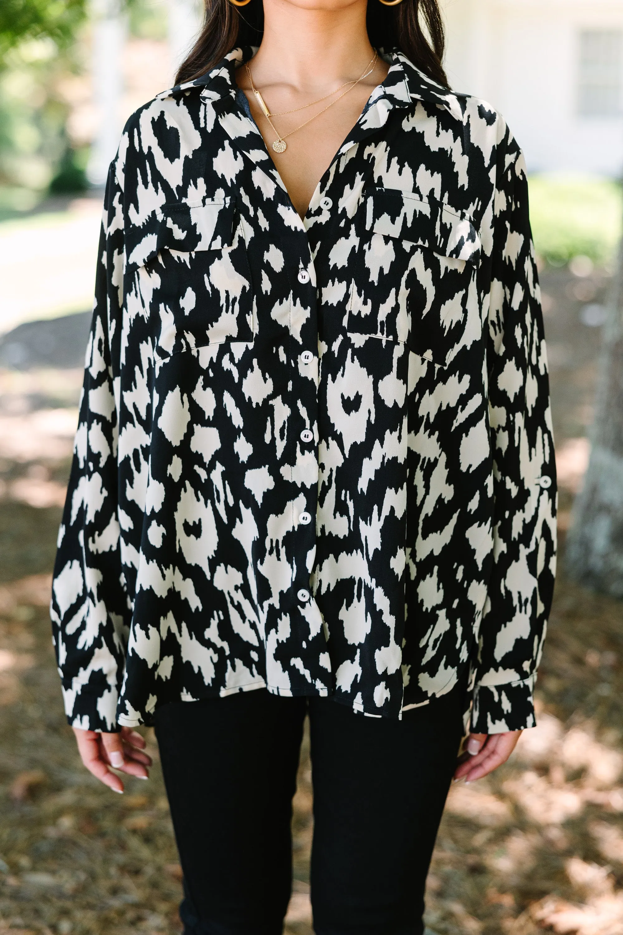 See The Light Black Animal Print Blouse