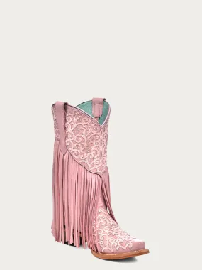 T0155 - TEEN'S BLUSH PINK GLITTER AND FRINGE SNIP TOE COWBOY BOOT