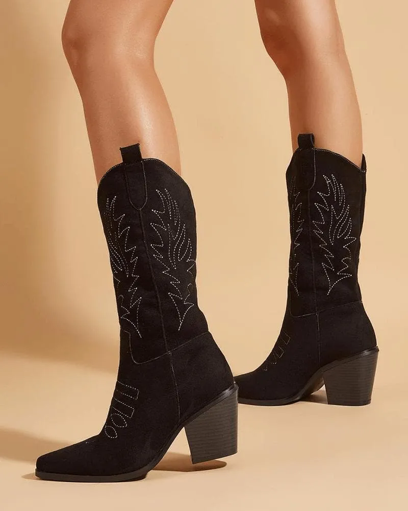 Women's Elegant Embroidery Chunky Heel Boots