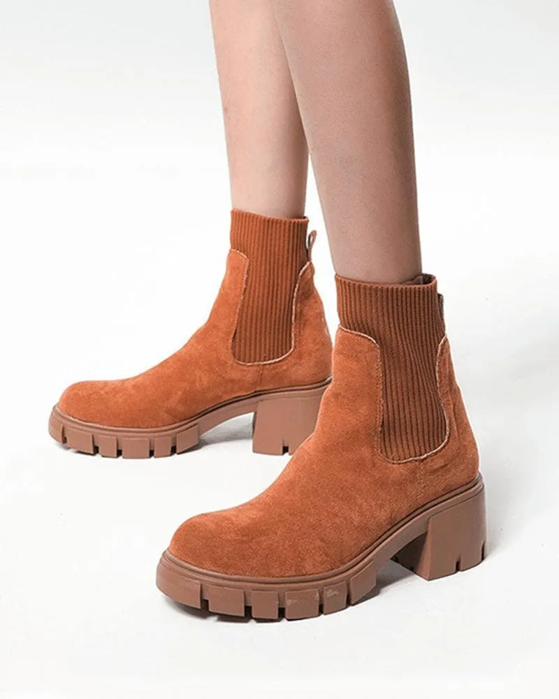 Women's Fashion Outdoor Color-Blocking Round Toe Chunky Heel Ankle Boots