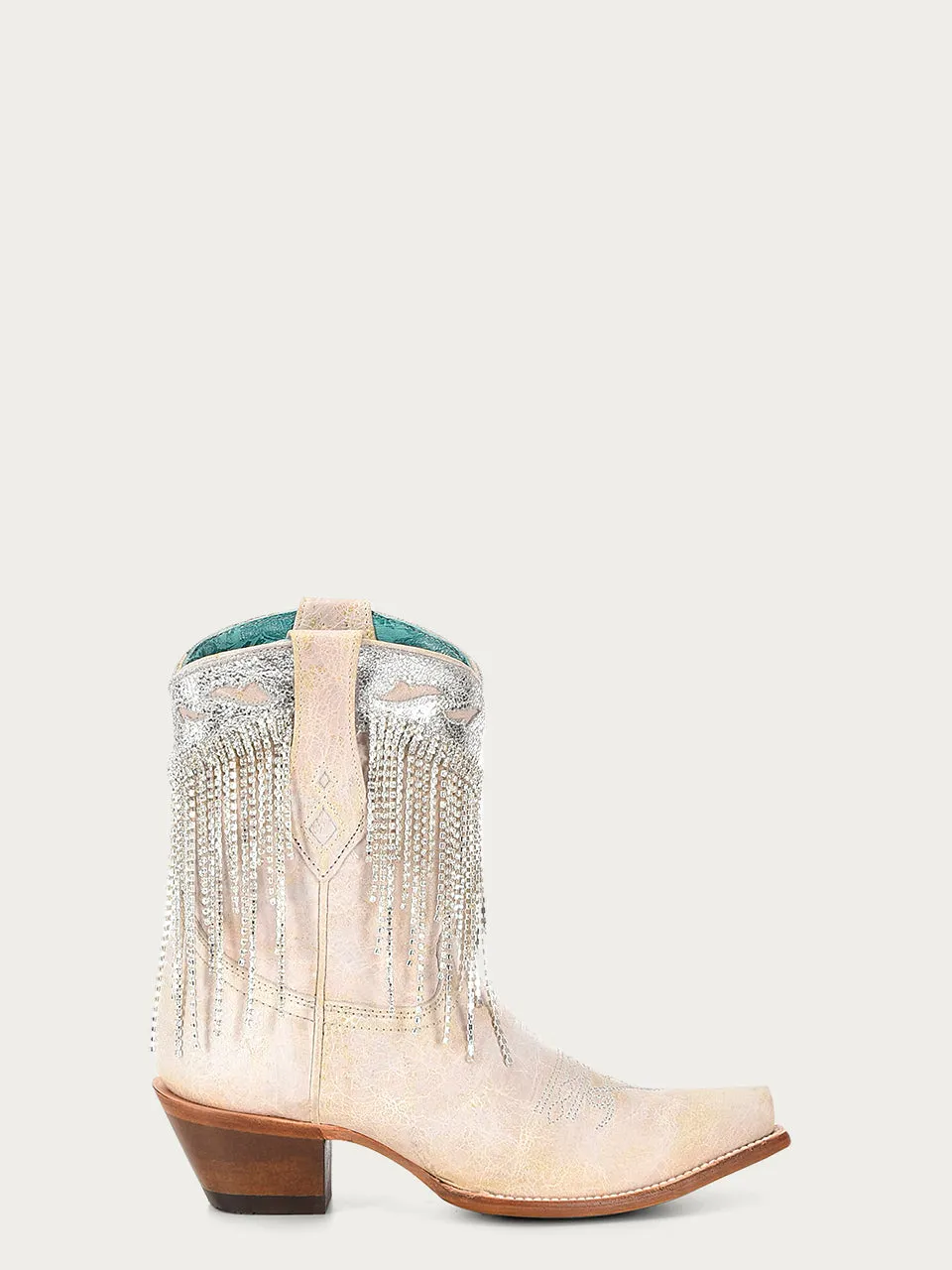 Z5250 - WOMEN'S CRYSTALS FRINGE WHITE AND SILVER SNIP TOE ANKLE BOOT