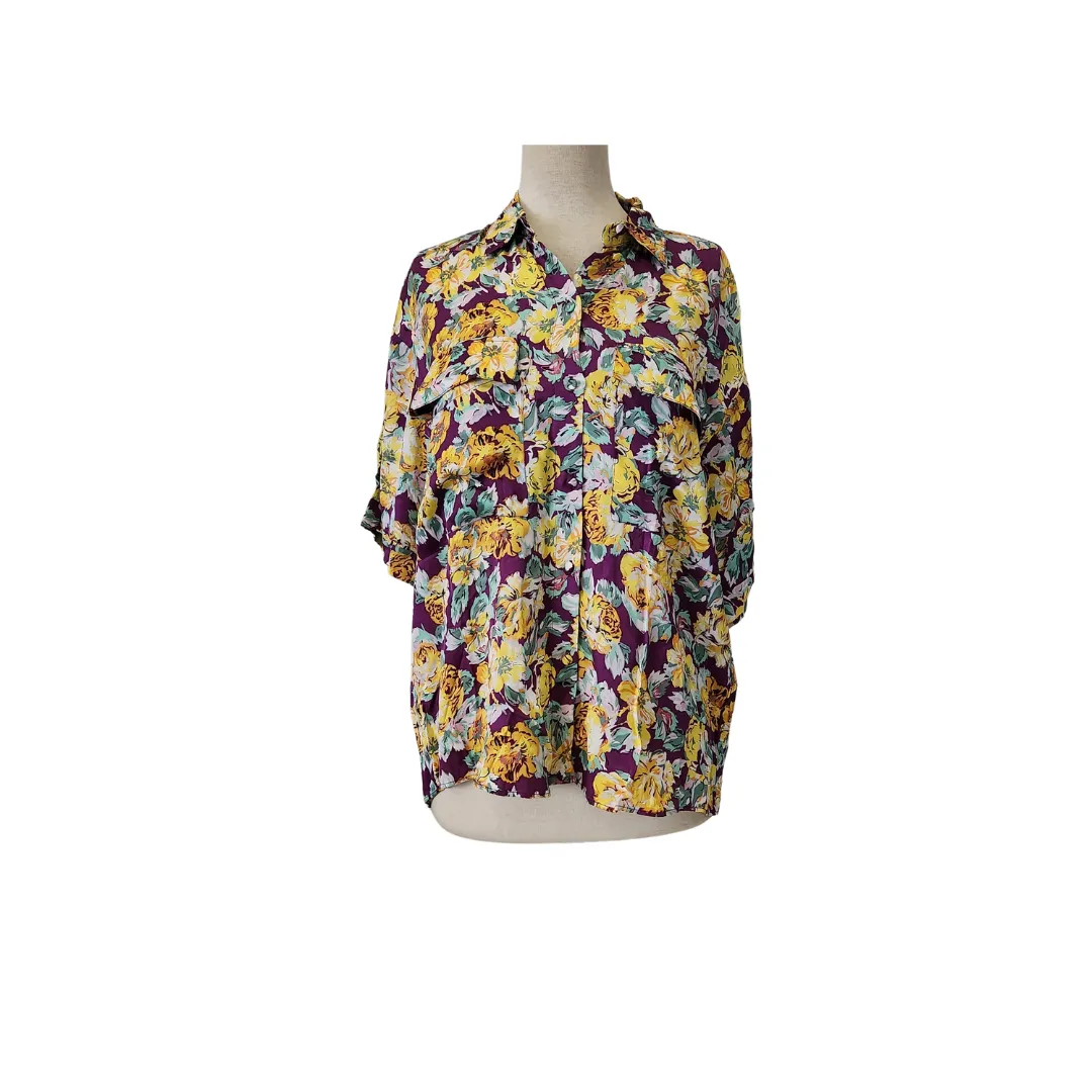 ZARA Purple Printed Satin Short Sleeve Collared Shirt | Like New |